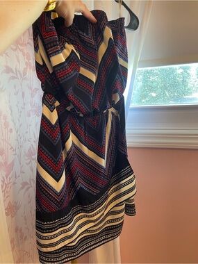 Express Strapless Chevron Dress in Navy, Red & Cream